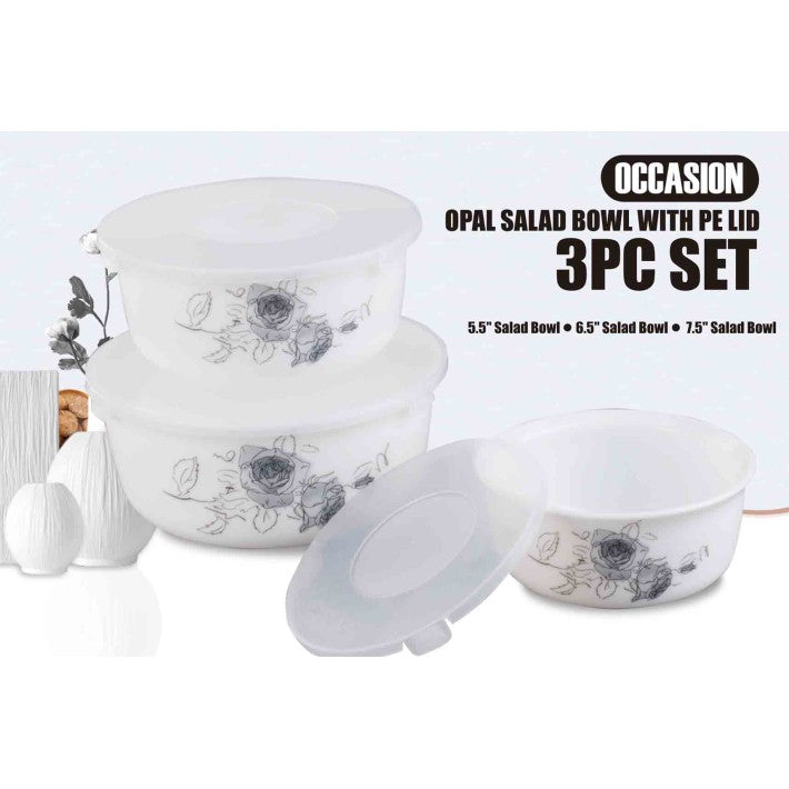 OCCASIONS SET OF 3 ROUND GLASS SALAD BOWLS WITH LIDS - BLACK. TS476 \\\KD28253