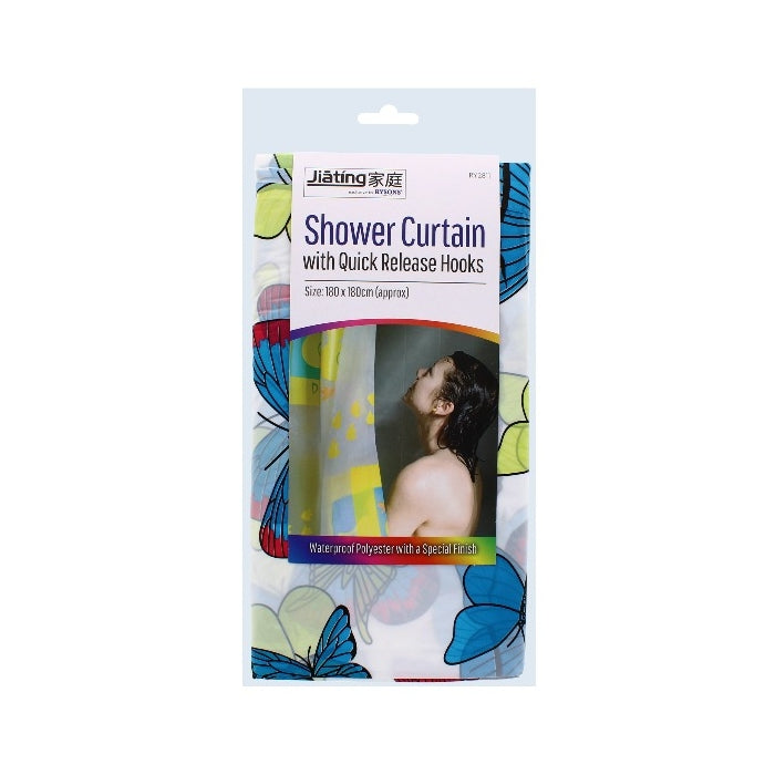 RYSONS ASSORTED DESIGN SHOWER CURTAIN WITH QUICK RELEASE HOOKS 180CM. RY2811 \\\KD28564