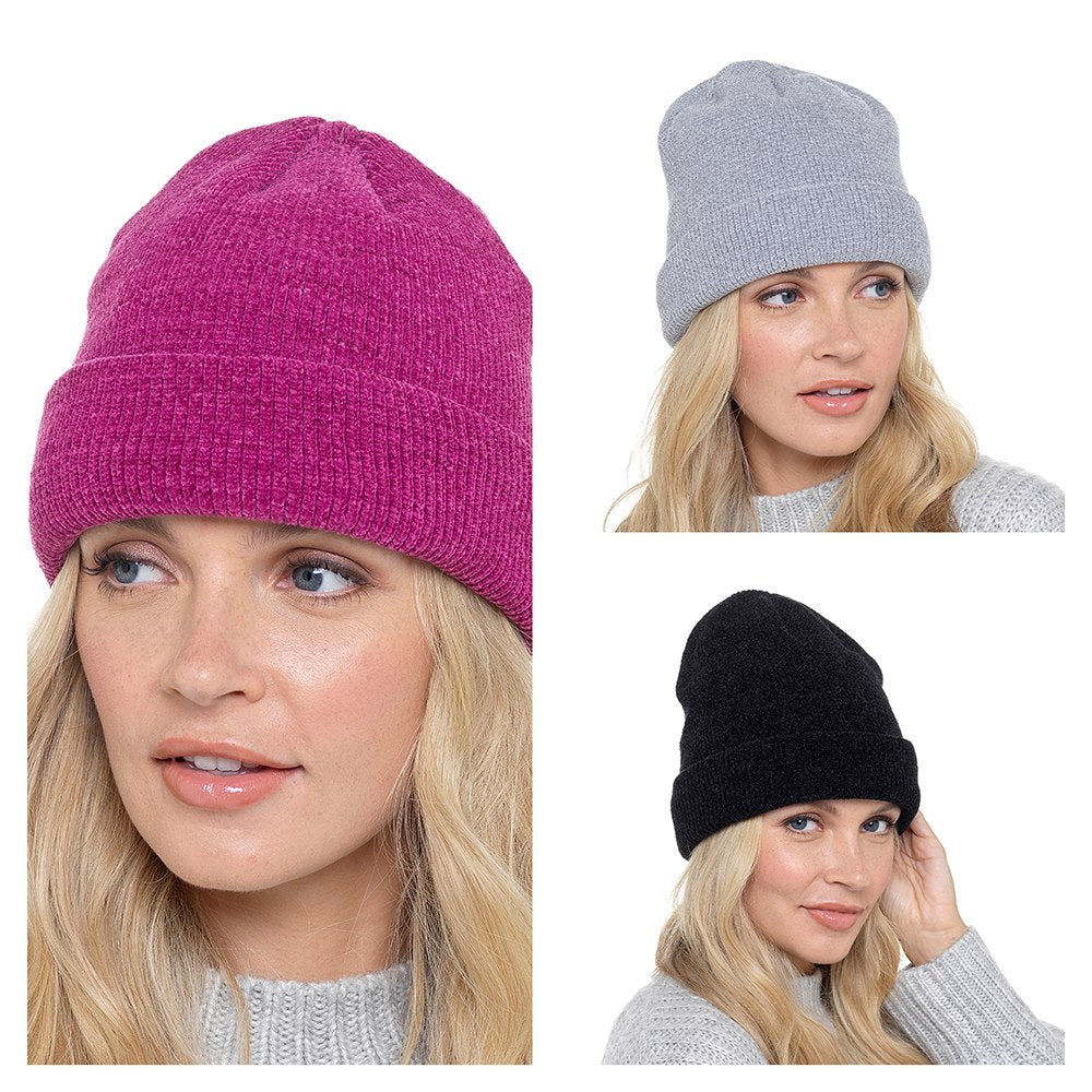LADIES CHENILLE ASSORTED COLOUR HAT 12/PK. GL858 \\\KD28707