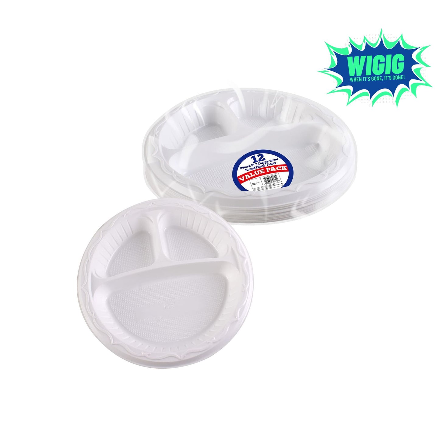 DELUXE 3 COMPARTMENT ROUND PLASTIC PLATES 12 PACK. BV9831 \\\KD28915