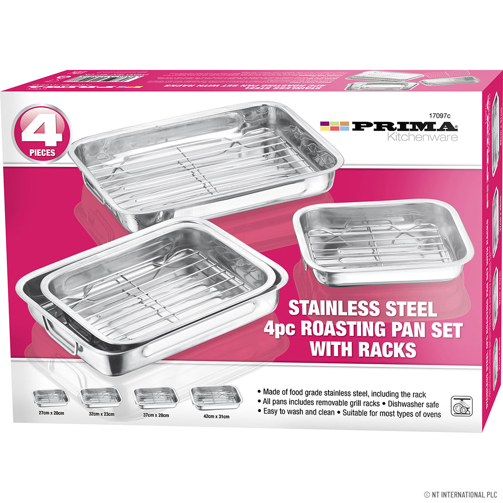 PRIMA 4 PIECS STAINLESS STEEL ROASTING PAN SET WITH RACKS. 17097C \\\KD28992