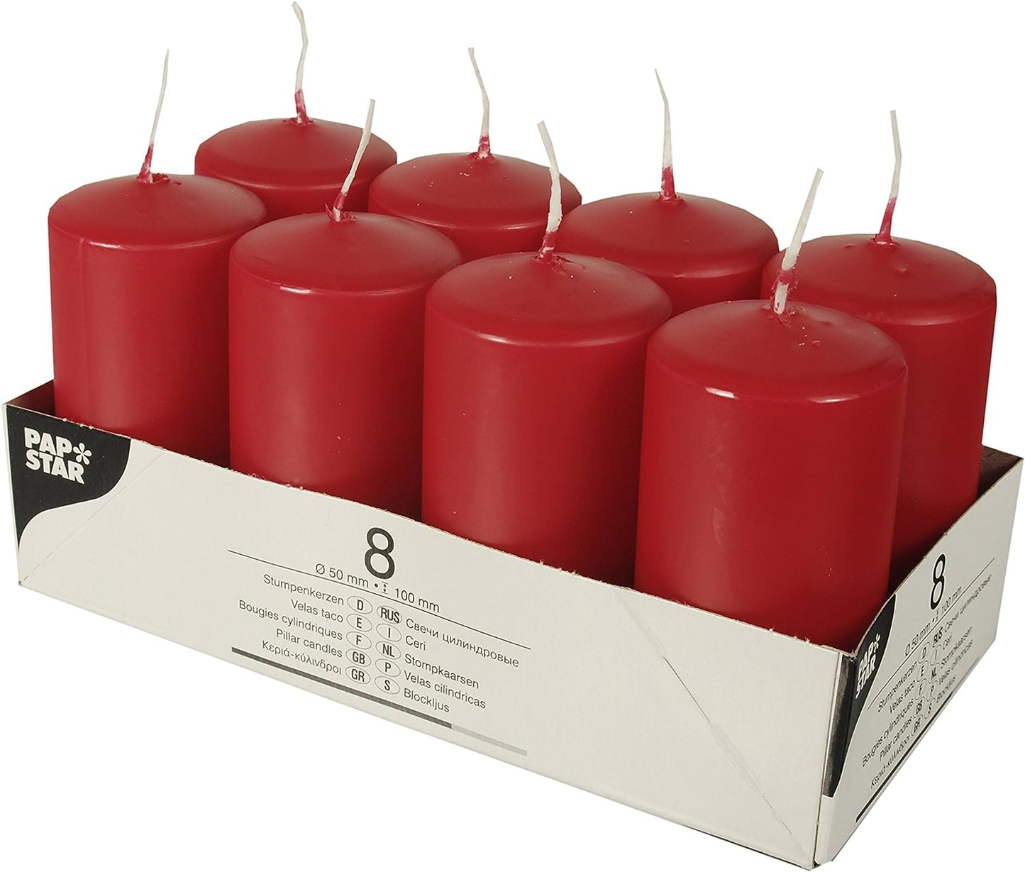PACK OF 8 RED PILLAR CANDLES 50 X 100 MM. PS17987 \\\KD29612
