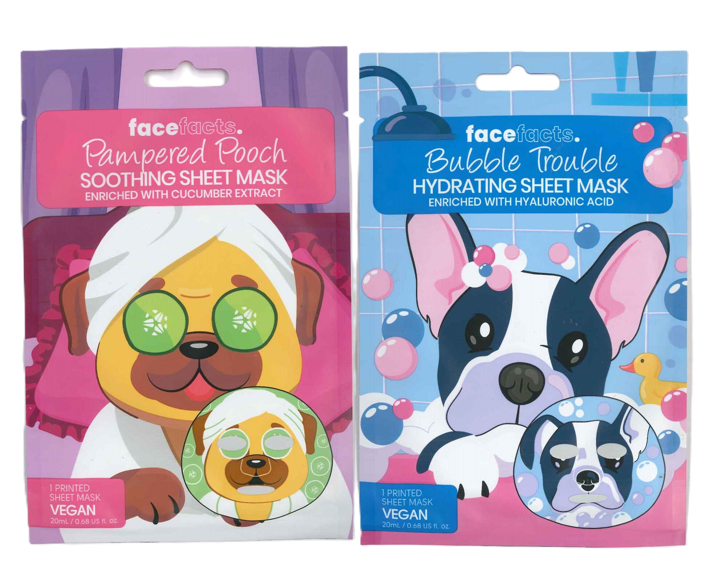 FACE FACTS PRINTED SHEET MASKS PAMPERED POOCH & BUBBLE TROUBLE 20ML. 33963-150 \\\KD29639