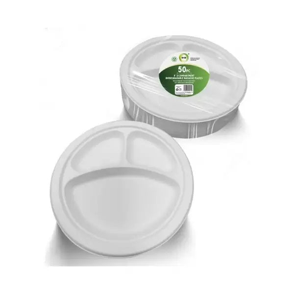3 COMPARTMENT ROUND BIODEGRADABLE BAGASSE PLATES 9" 50/PK. EF9914 \\\KD29683