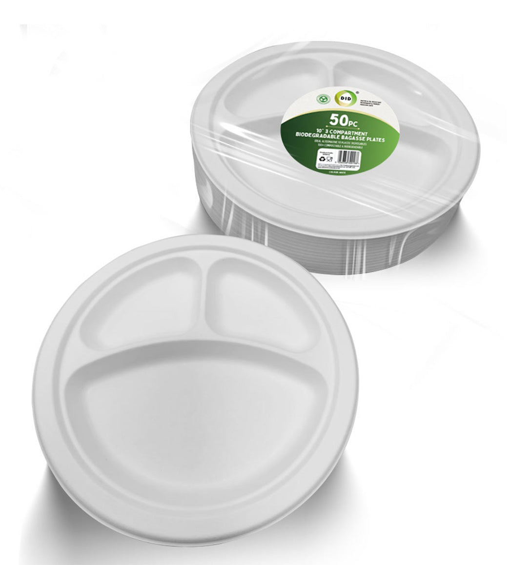 3 COMPARTMENT ROUND BIODEGRADABLE BAGASSE PLATES 10" 50/PK. EF9916 \\\KD29686