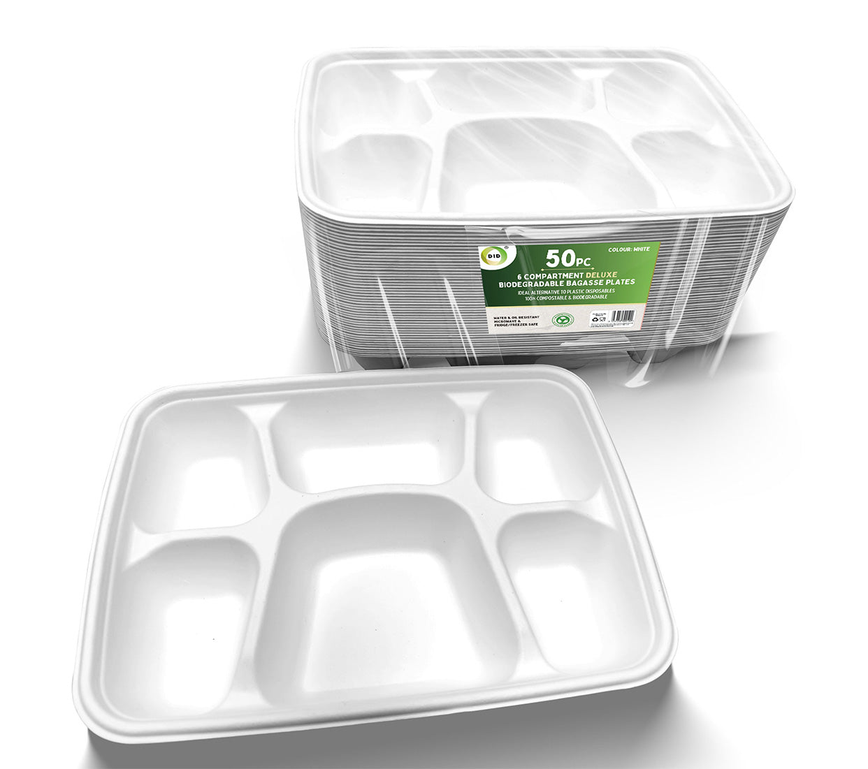 6 COMPARTMENT RECTANGULAR BIODEGRADABLE BAGASSE PLATES 50/PK. EF9919 \\\KD29687