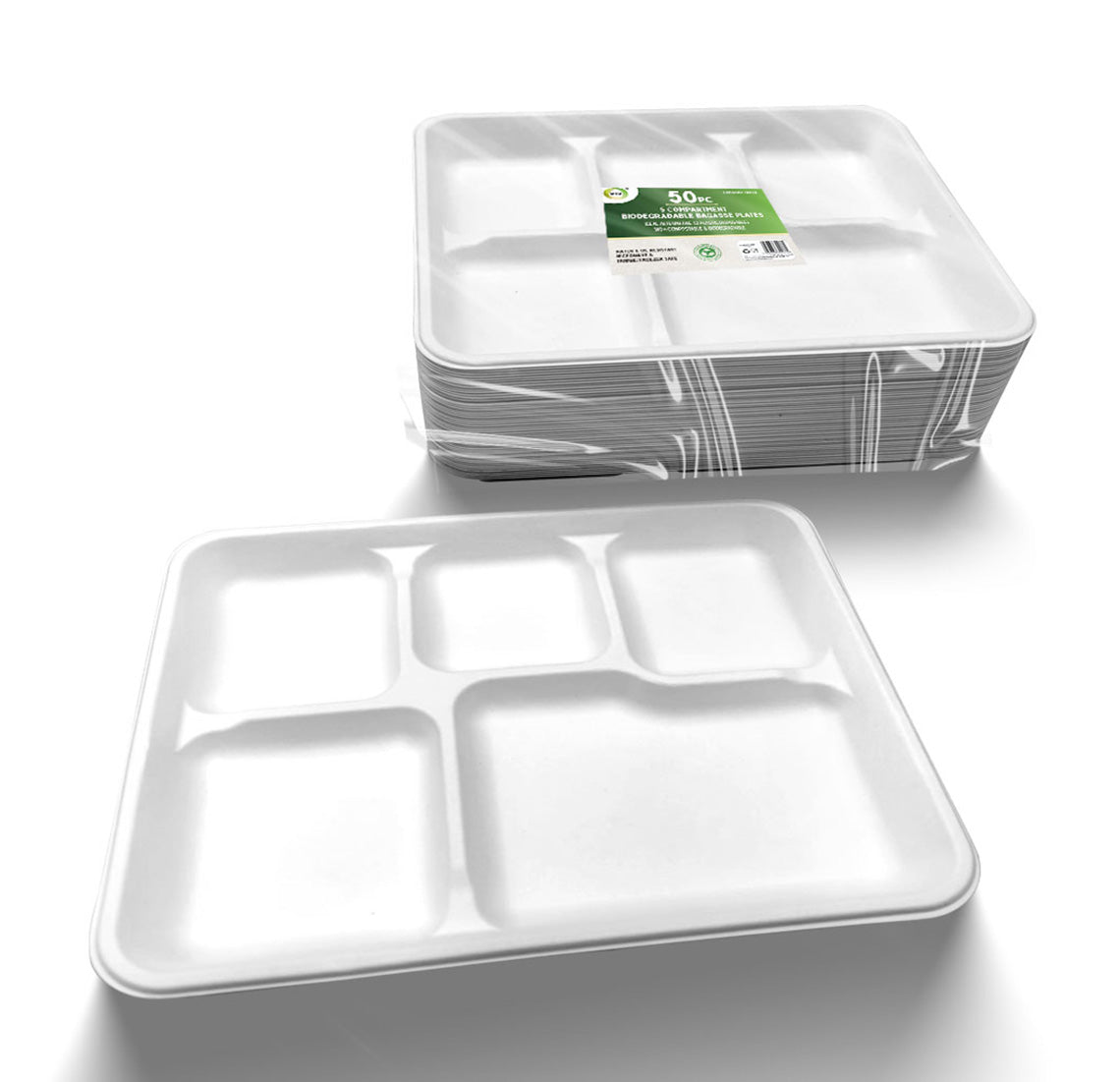 5 COMPARTMENT RECTANGULAR BIODEGRADABLE BAGASSE PLATES 50/PK. EF9917 \\\KD29688