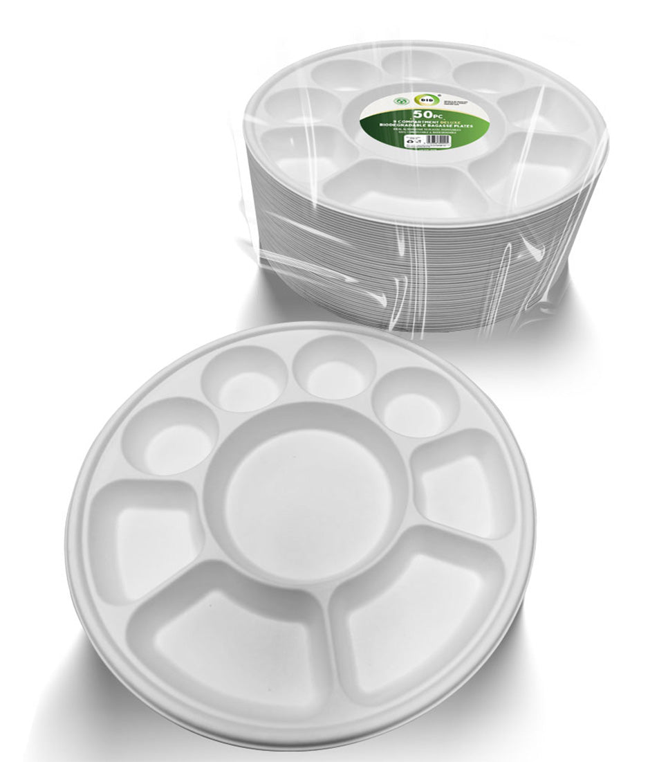 9 COMPARTMENT ROUND BIODEGRADABLE BAGASSE PLATES 50/PK. EF9920 \\\KD29690