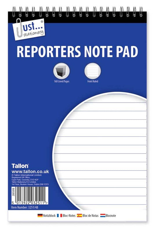 JUST STATIONERY REPORTER NOTEPAD 160 PAGES. TA3251 \\\KD29763