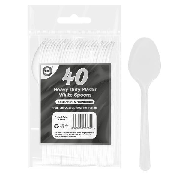 DELUXE HEAVY DUTY  REUSABLE PLASTIC WHITE SPOONS 40/PK. DD9654 \\\KD29794