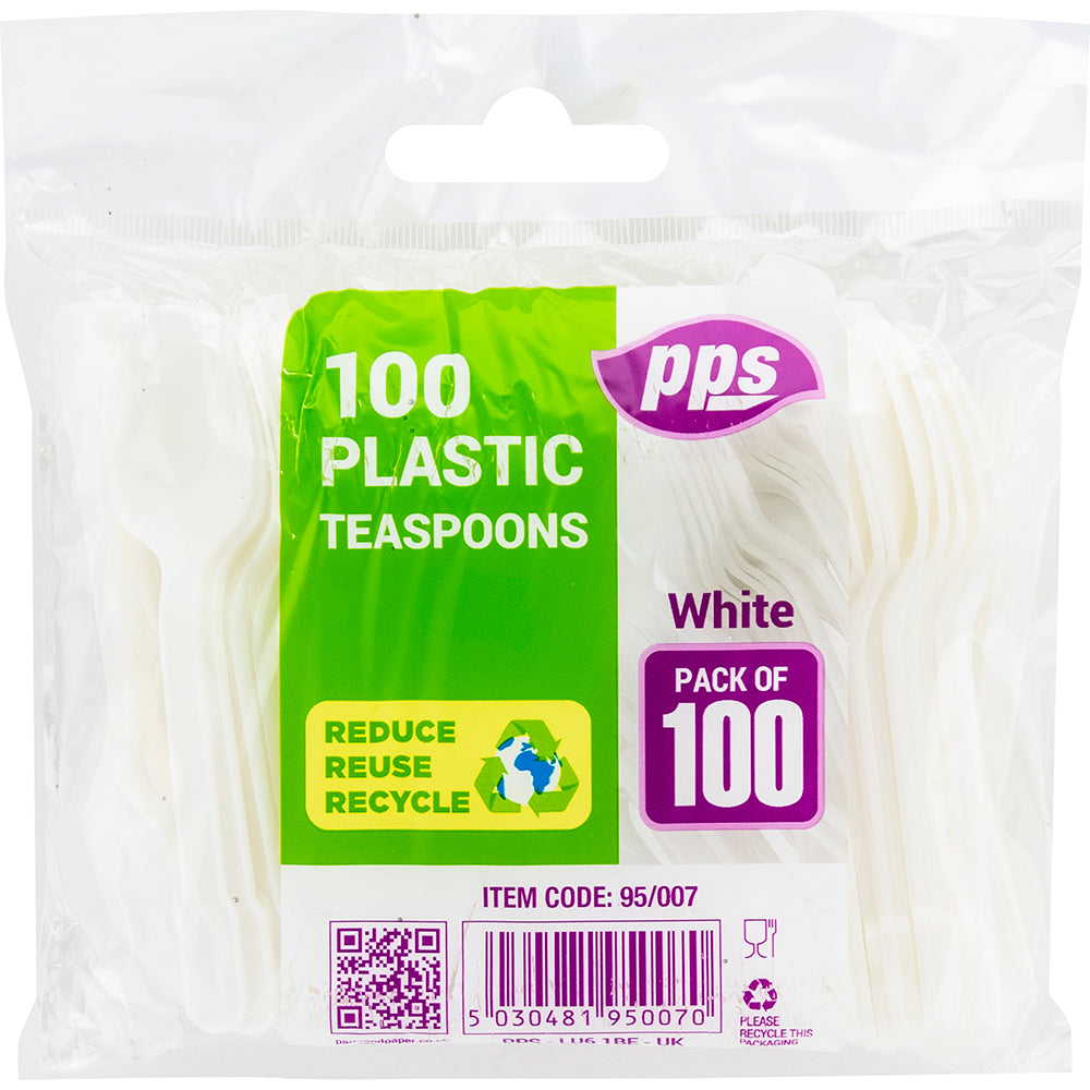 PPS WHITE PLASTIC TEASPOONS 100/PK. PPS95007 \\\KD29891