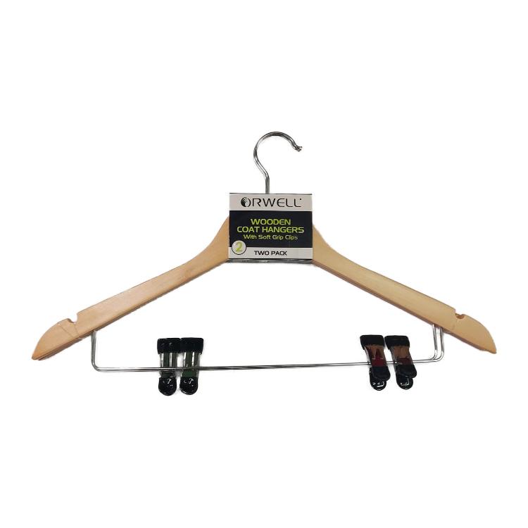 ORWELL WOODEN COAT HANGER WITH SOFT GRIP CLIPS 2/PK. WL1392 \\\KD29921