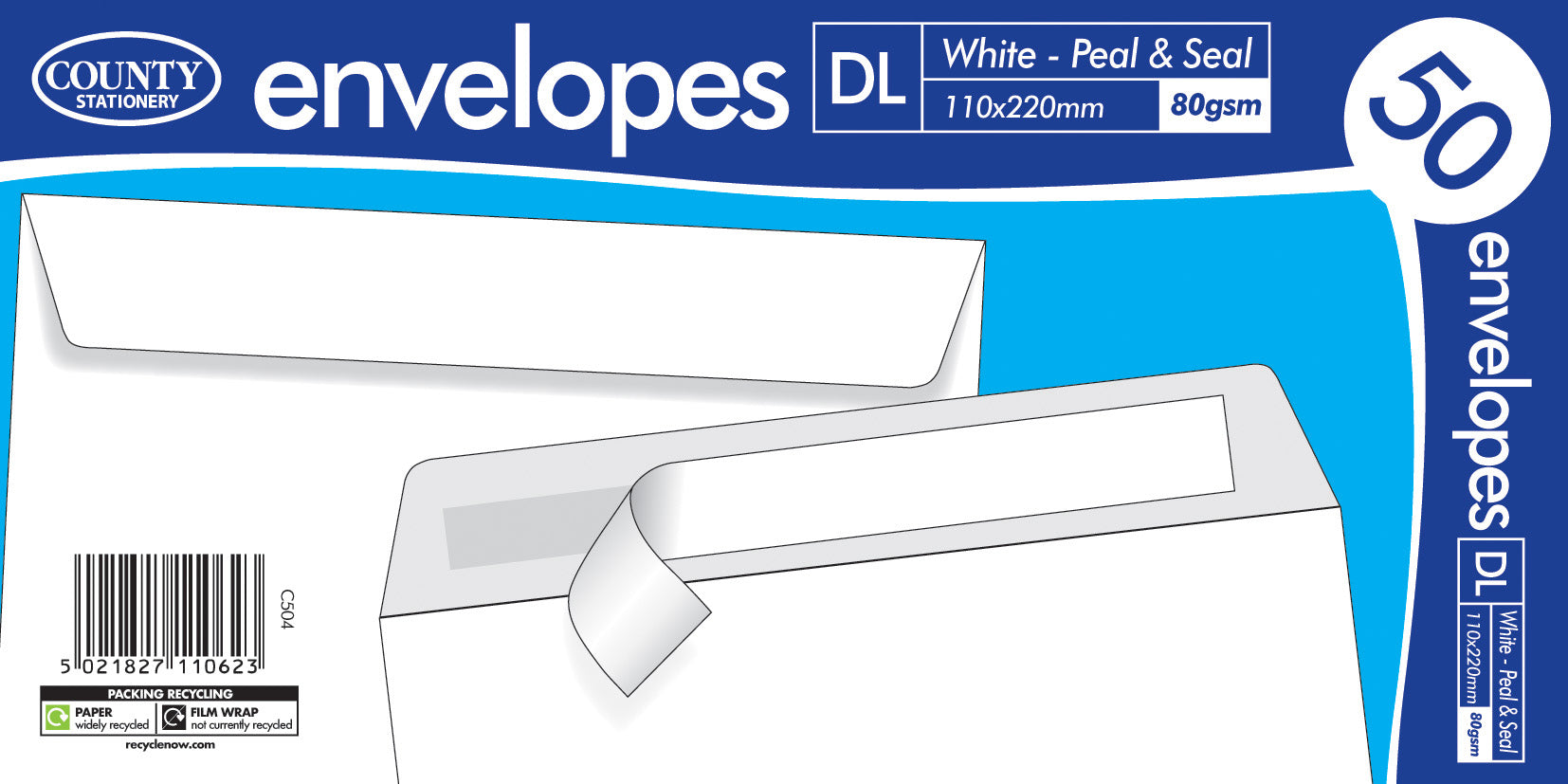 COUNTY DL WHITE PEEL AND SEAL ENVELOPES 50/PK. C504 \\\KD30032