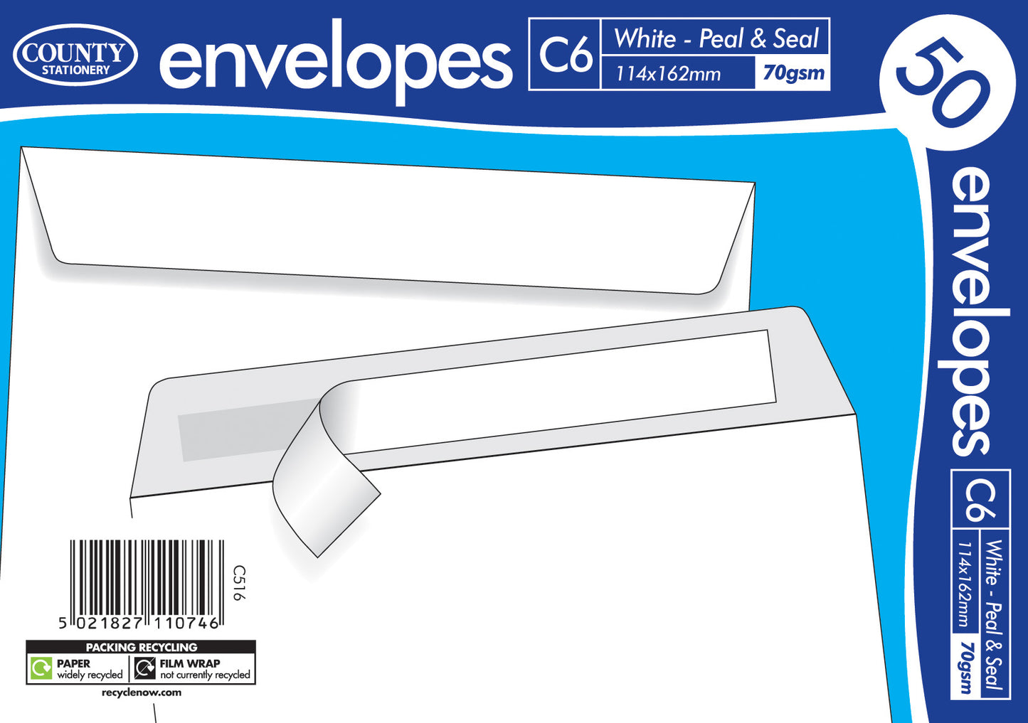 COUNTY C6 WHITE PEEL AND SEAL ENVELOPES 50/PK. C516 \\\KD30034