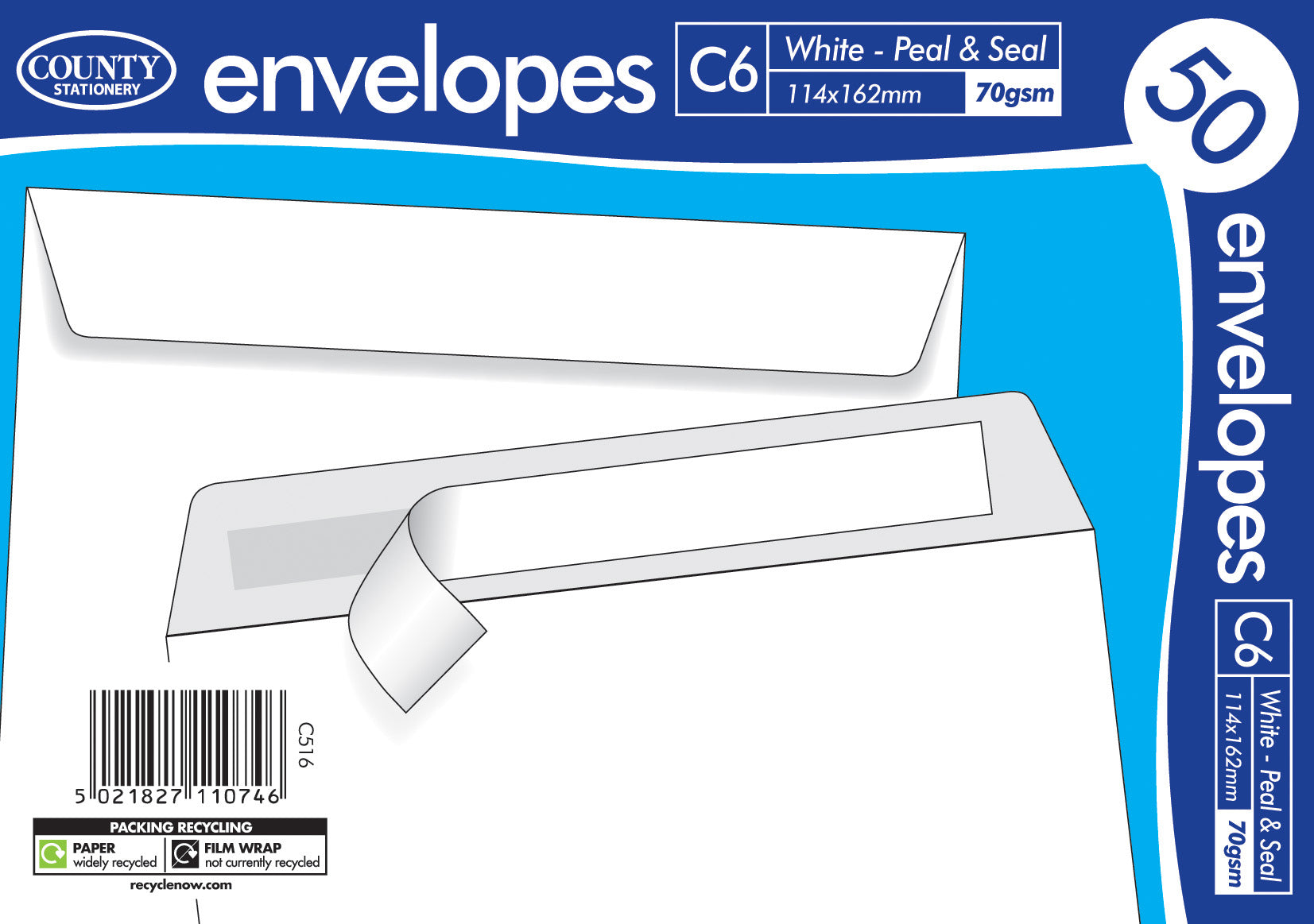 COUNTY C6 WHITE PEEL AND SEAL ENVELOPES 50/PK. C516 \\\KD30034