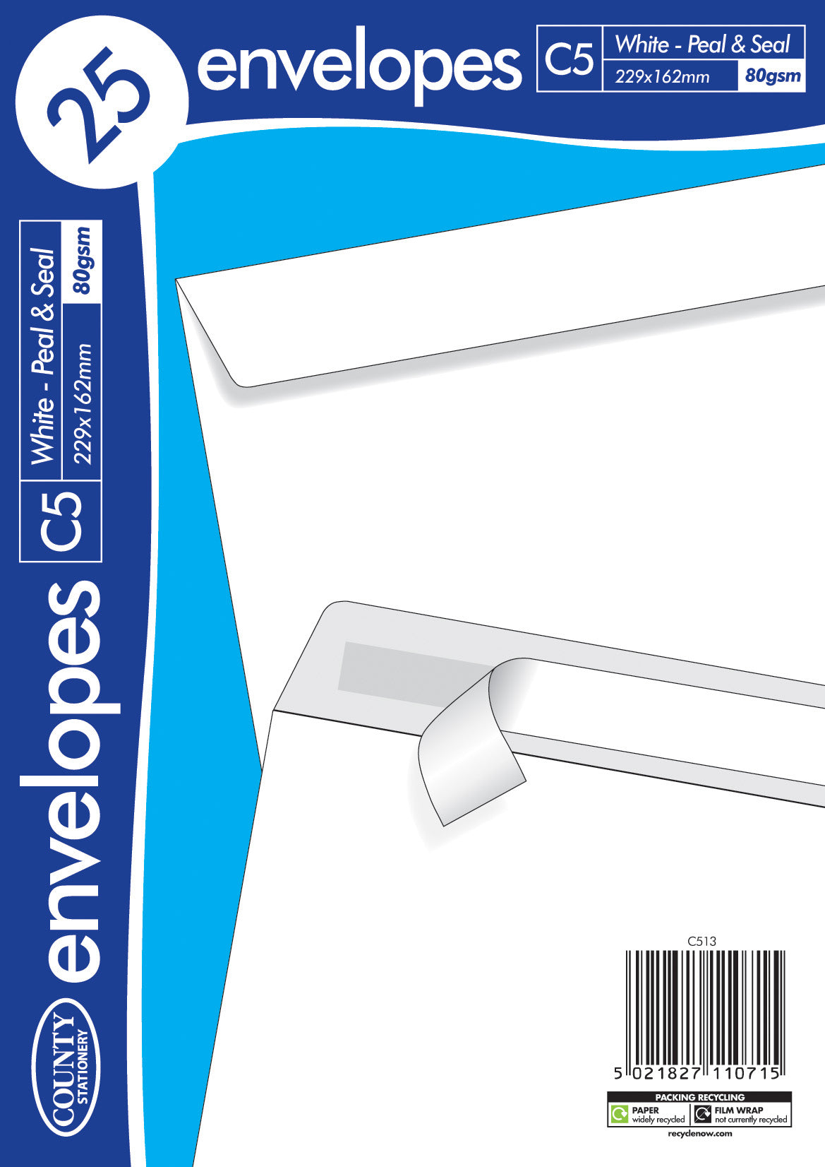 COUNTY C5 WHITE PEEL AND SEAL ENVELOPES 25/PK. C513 \\\KD30036