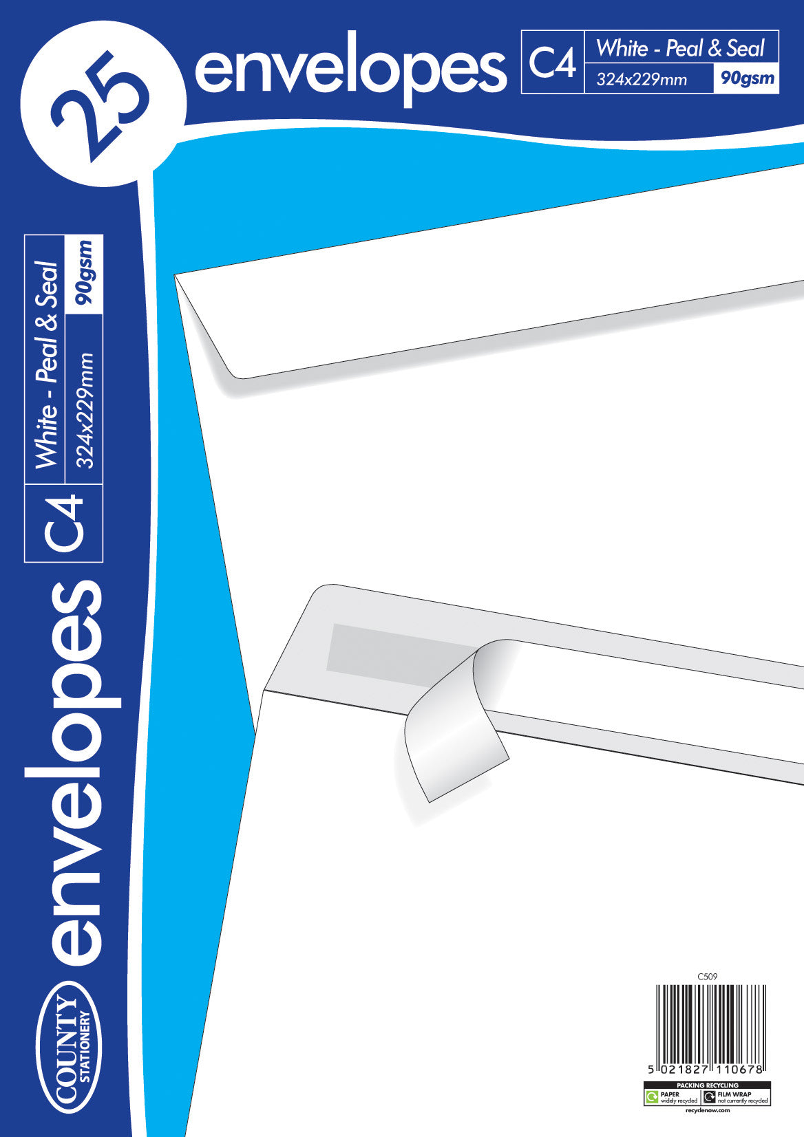COUNTY C4 WHITE PEEL AND SEAL ENVELOPES 25/PK. C509 \\\KD30039