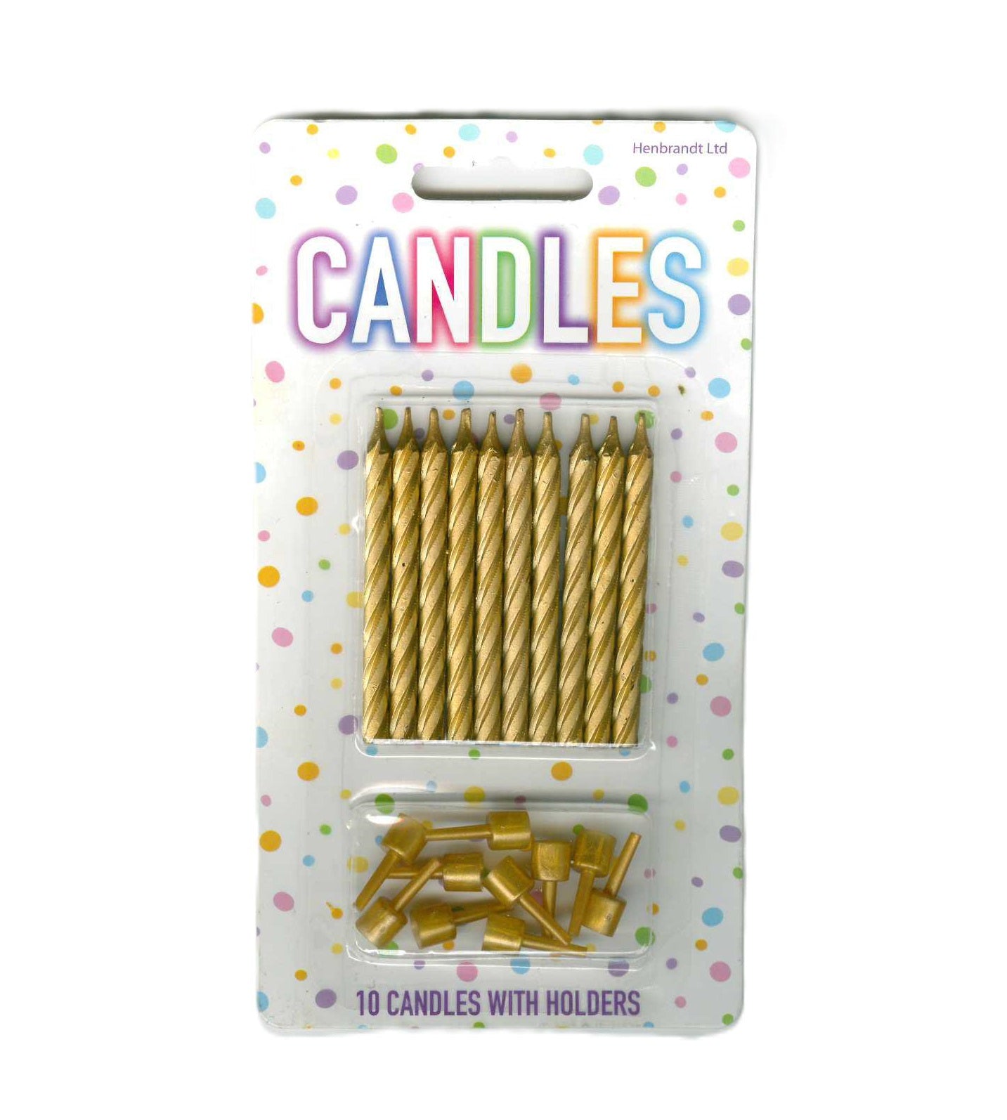 HENBRANDT GOLD BIRTHDAY PARTY CANDLED 10/PK WITH HOLDERS. X50122 \\\KD30053