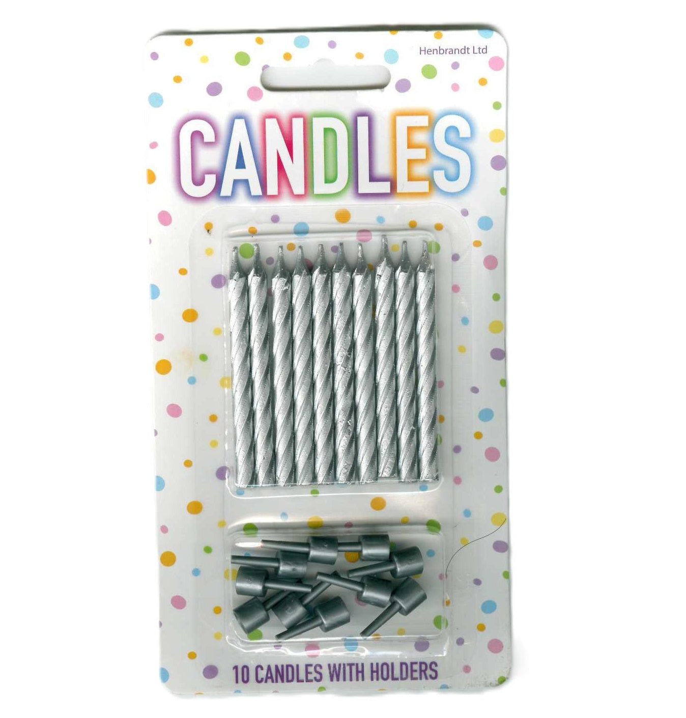 HENBRANDT SILVER BIRTHDAY PARTY CANDLED 10/PK WITH HOLDERS. X50123 \\\KD30054