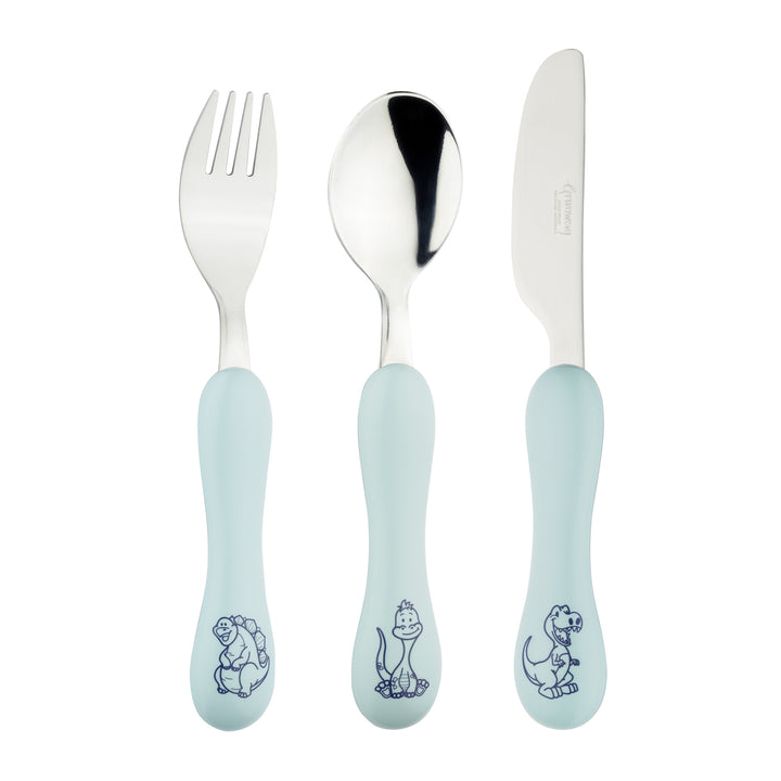 GREENWORKS DINO PATTERN 3 PIECE STAINLESS STEEL CHILDRENS CUTLARY SET. 3BXCHDGW-DINO \\\KD30168