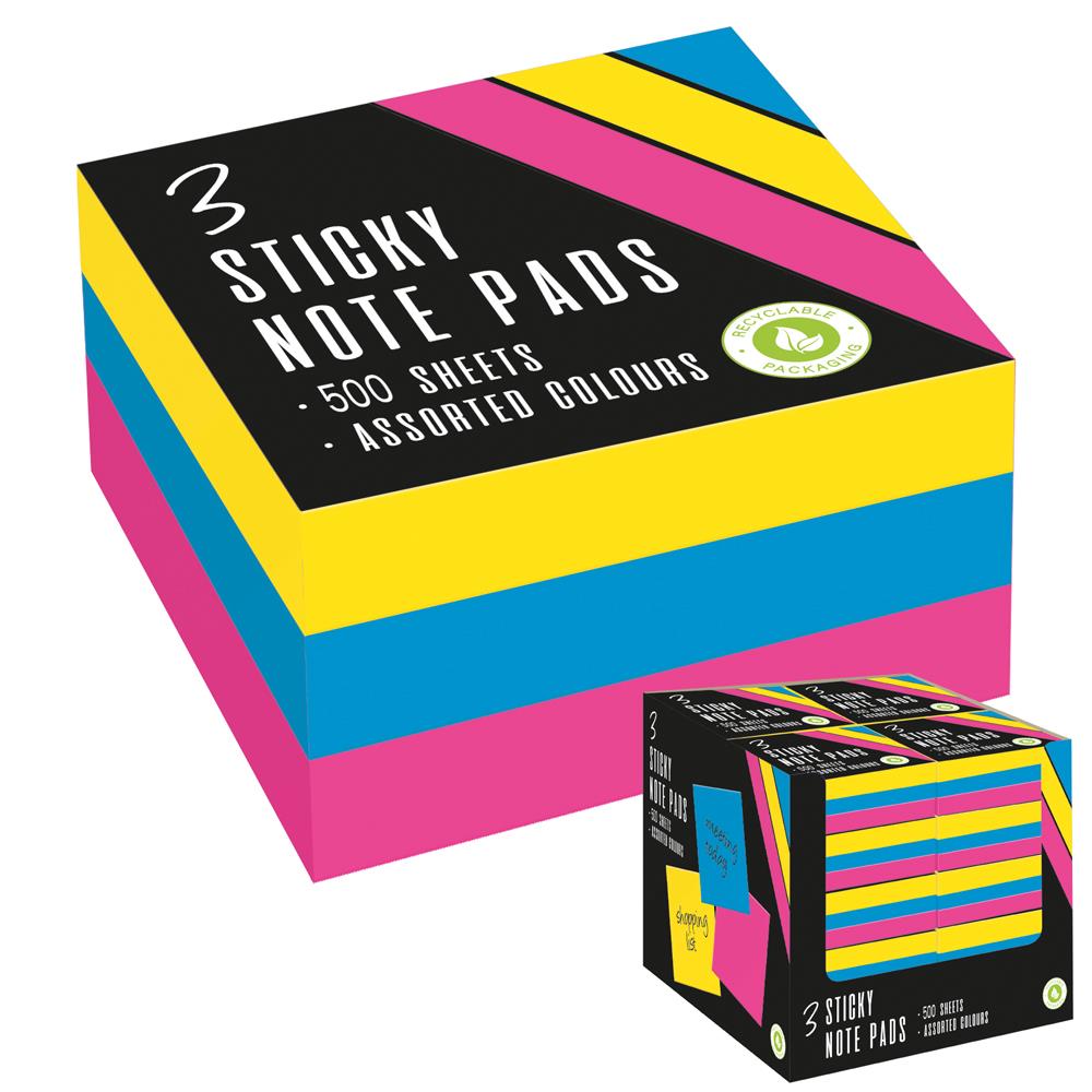 ASSORTED COLOURS STICKY NOTE PADS 500 SHEETS 3/PK. BSNS \\\KD30321
