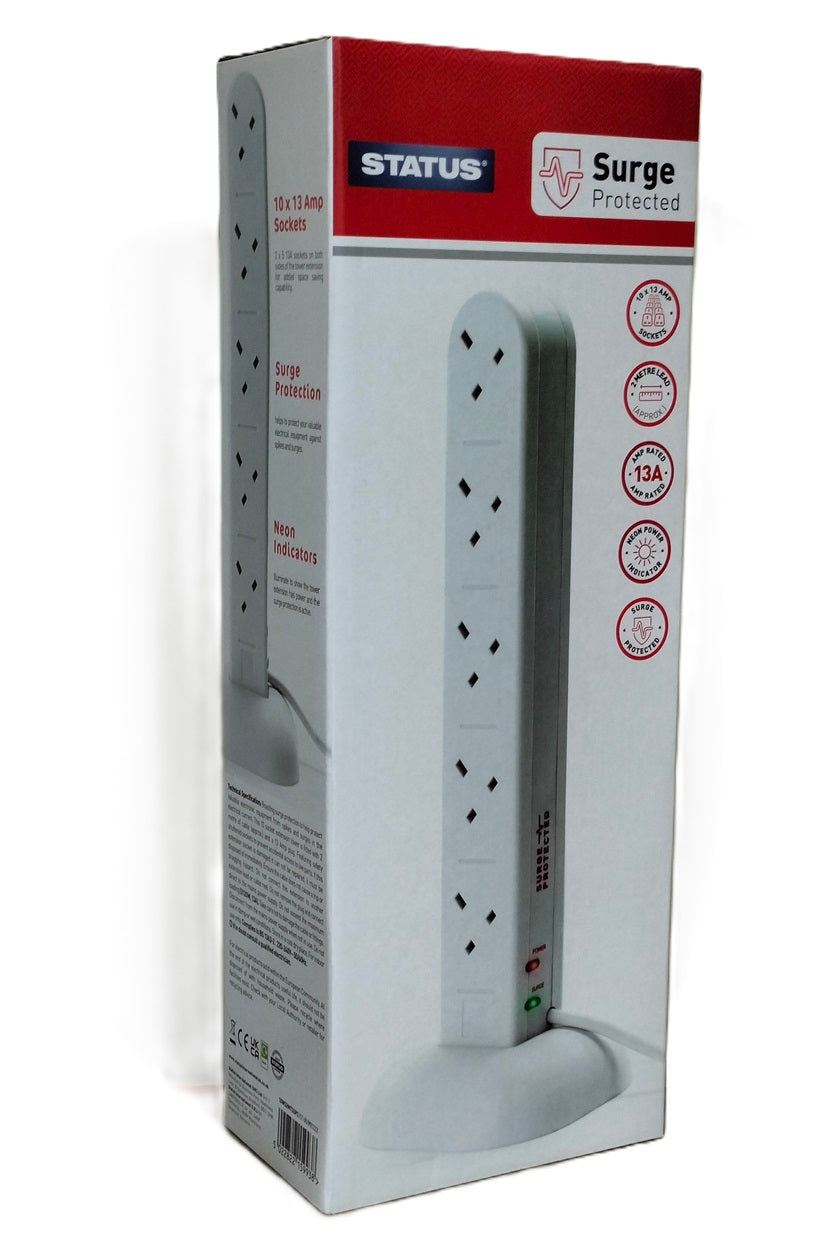 STATUS SURGE PROTECTED 13AMP 10 WAY TOWER EXTENSION LEAD 2 MTR. 10WS2MTSSP2 \\\KD30355