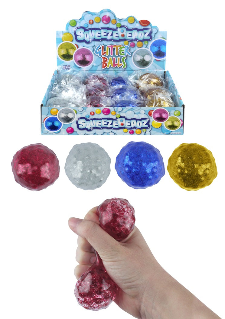 ASSORTED COLOUR GLITTER SQUEEZE SPLAT BALL WITH BEADS STRESS RELIEF 6.5CM. N51586 \\\KD30622