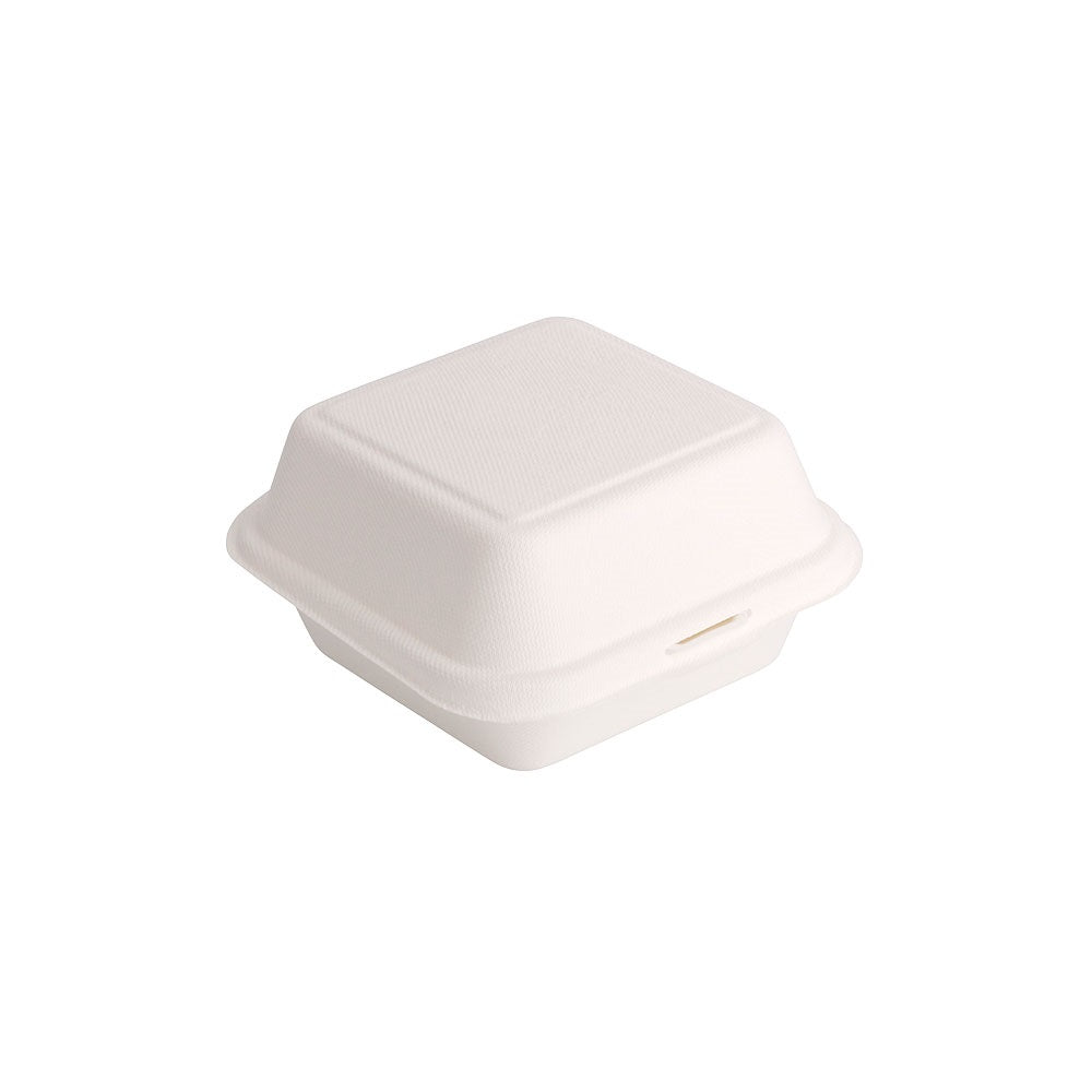 WHITE BAGASSE BIODEGRADABLE CLAMSHELL BOXES 6 X 6" 50/PK BURGER BOX. 09810-BQ1 \\\KD30657