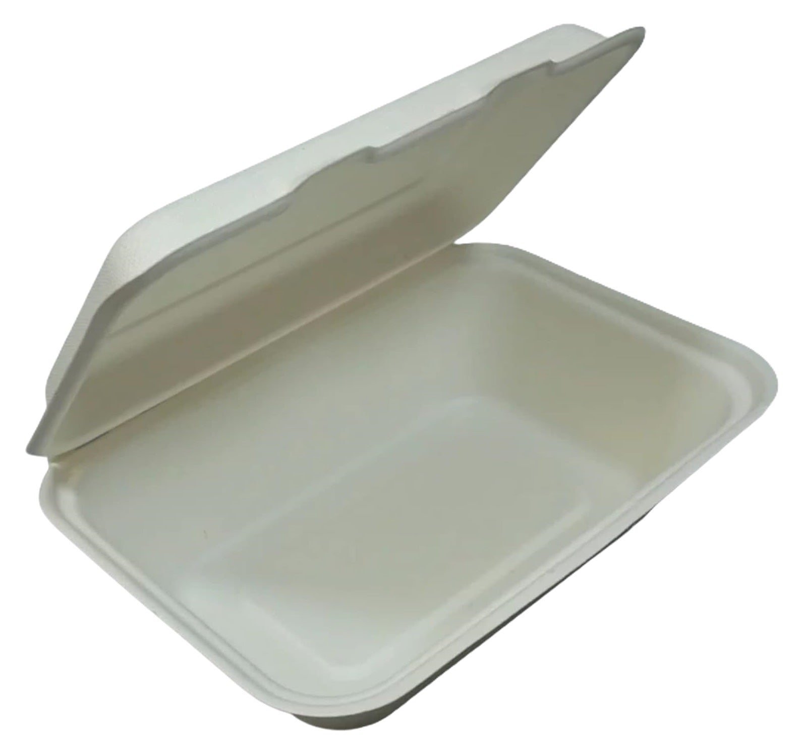 WHITE BAGASSE BIODEGRADABLE CLAMSHELL BOXES 9 X 6" 50/PK MEAL BOX \\\KD30659