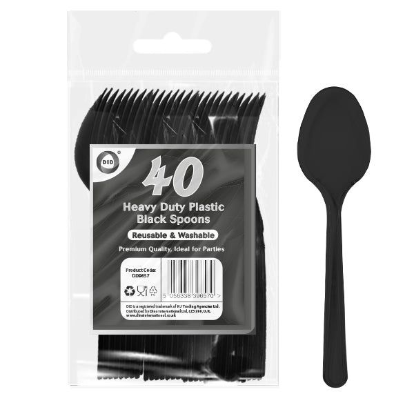 DELUXE HEAVY DUTY REUSABLE PLASTIC BLACK SPOONS 40/PK. DD9657 \\\KD30661