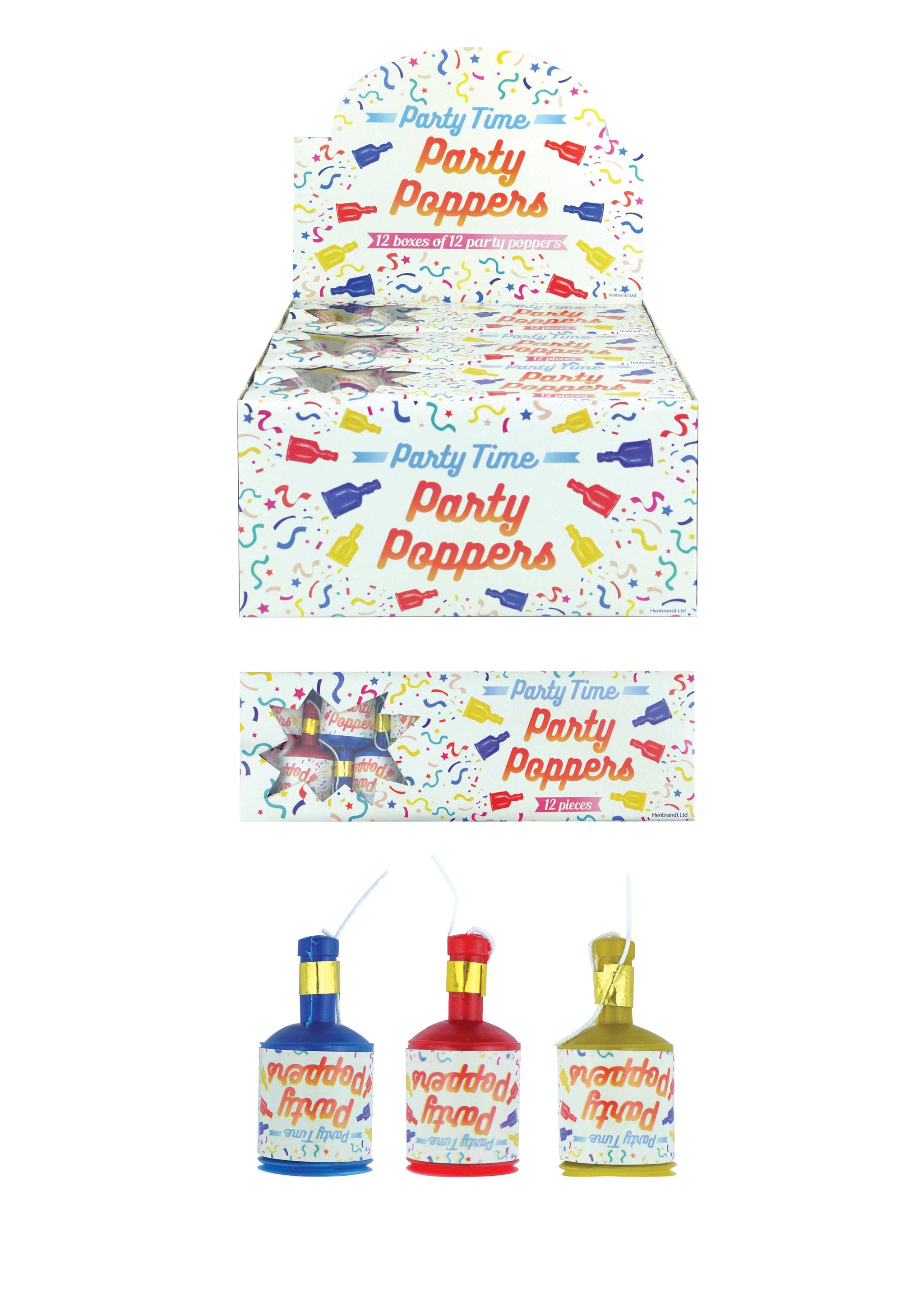 ASSORTED COLOUR PARTY POPPERS 12/PK. X39020 \\\KD30668