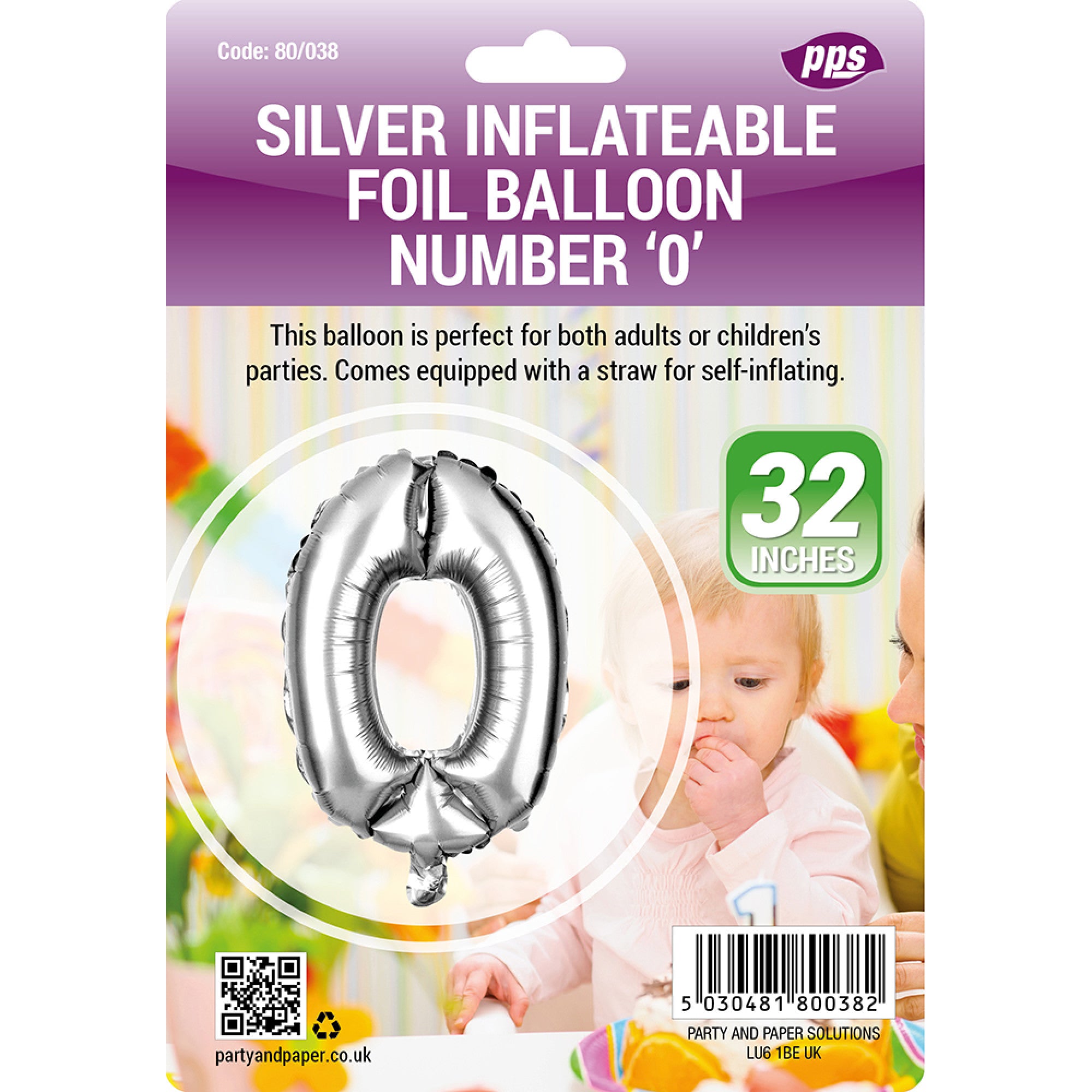 PPS GIANT STANDING FOIL NUMBER 0 BALLOON 82 CM - SILVER. PPS80038 \\\KD30677