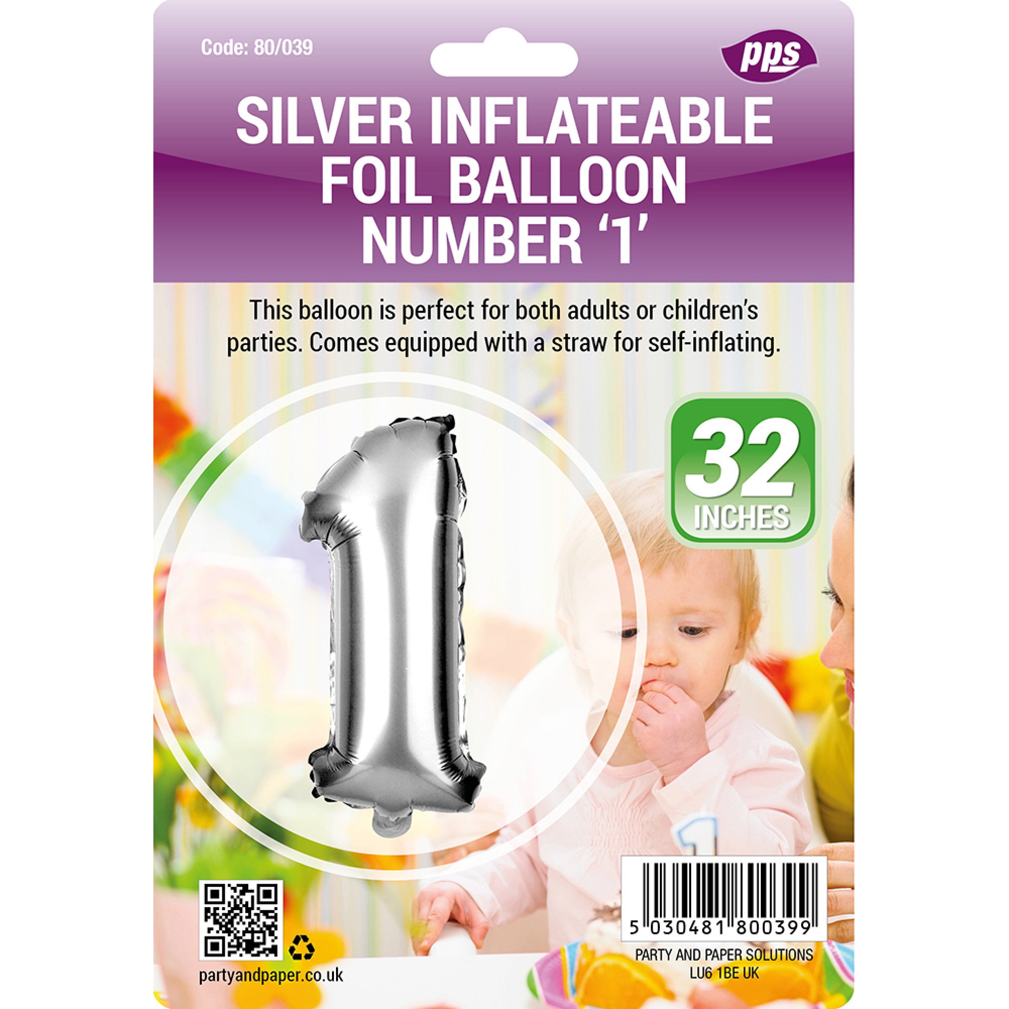 PPS GIANT STANDING FOIL NUMBER 1 BALLOON 82 CM - SILVER. PPS80039 \\\KD30679