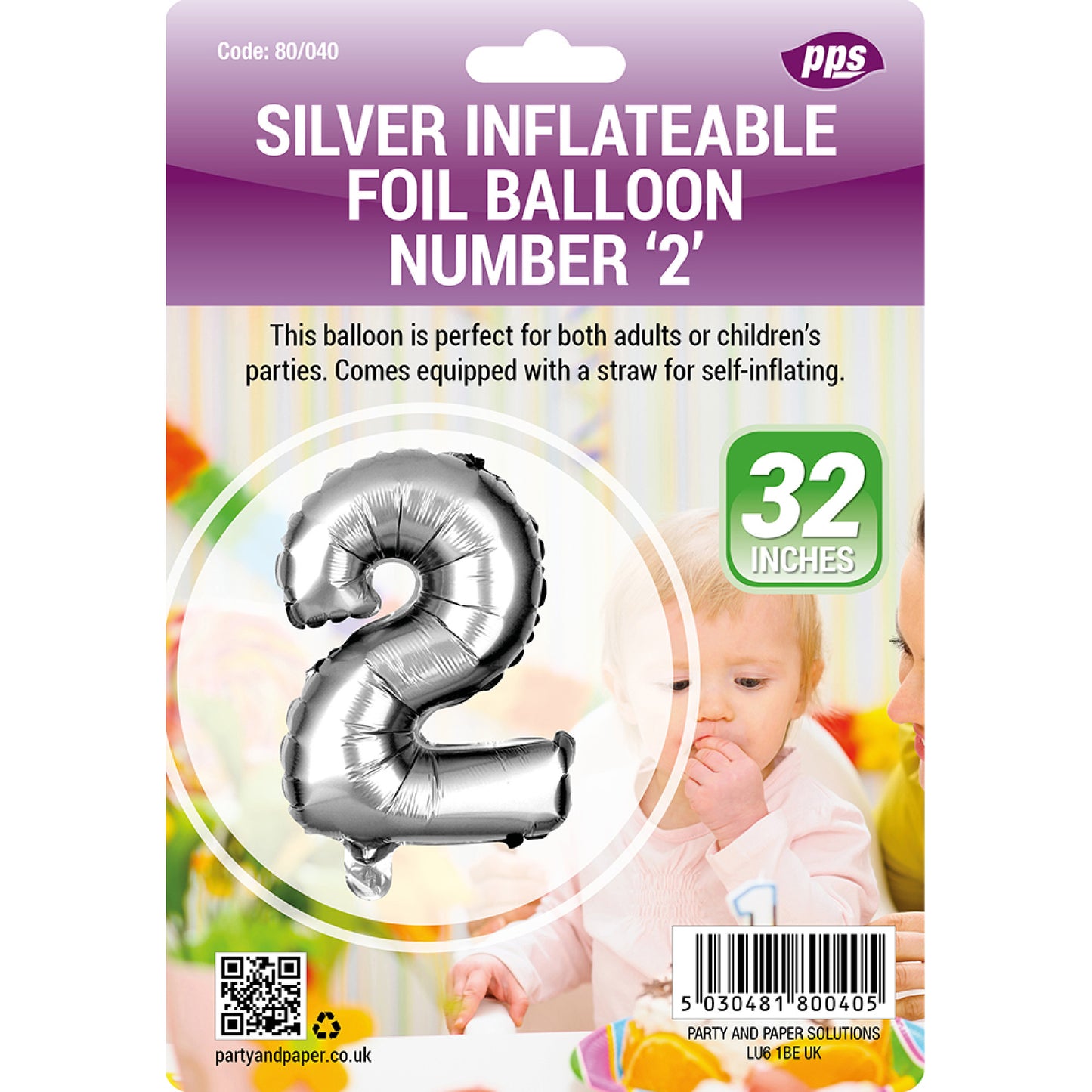 PPS GIANT STANDING FOIL NUMBER 2 BALLOON 82 CM - SILVER. PPS80040 \\\KD30680