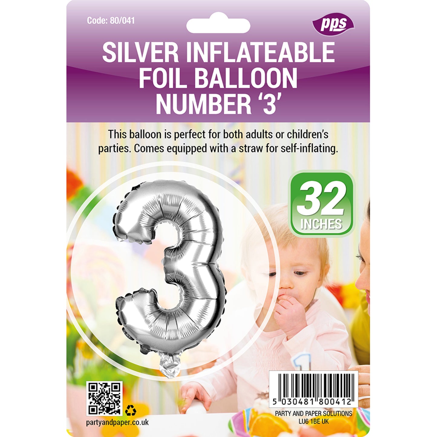 PPS GIANT STANDING FOIL NUMBER 3 BALLOON 82 CM - SILVER. PPS80041 \\\KD30682