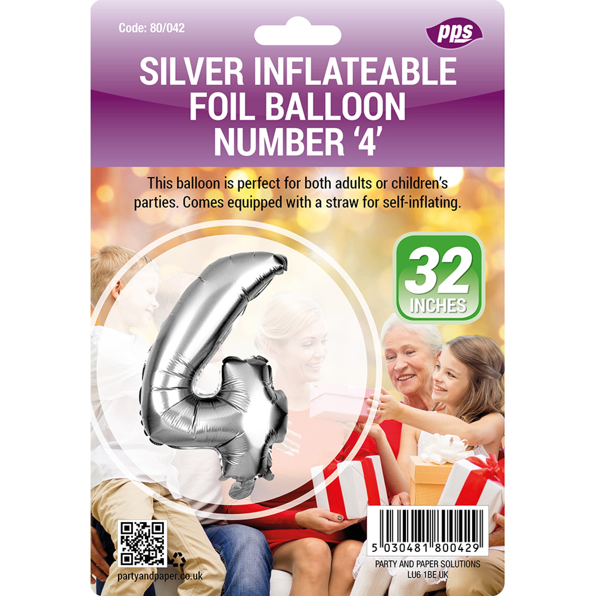 PPS GIANT STANDING FOIL NUMBER 4 BALLOON 82 CM - SILVER. PPS80042 \\\KD30683