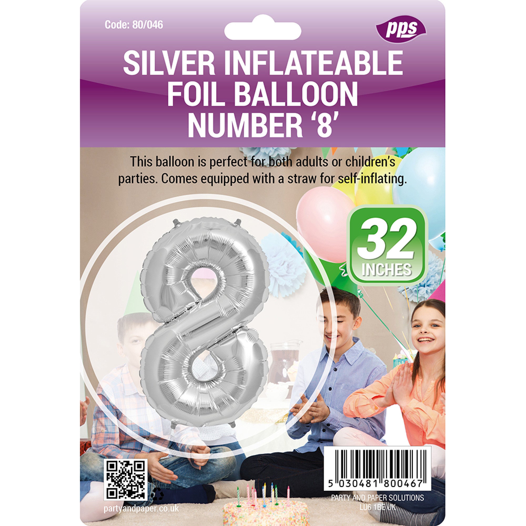 PPS GIANT STANDING FOIL NUMBER 8 BALLOON 82 CM - SILVER. PPS80046 \\\KD30687