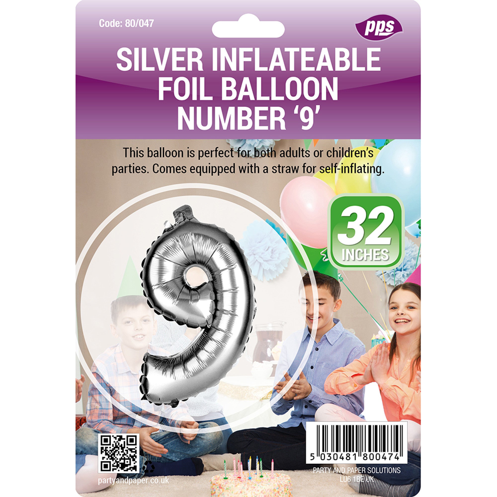 PPS GIANT STANDING FOIL NUMBER 9 BALLOON 82 CM - SILVER. PPS80047 \\\KD30688