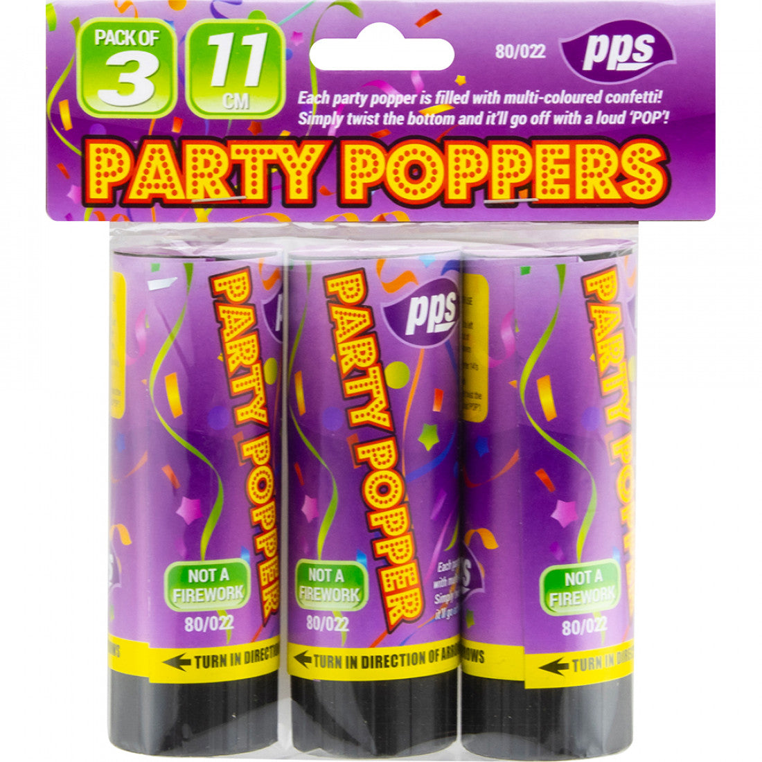 PPS COLOUR CONFETTI CANNON PARTY POPPERS 11CM 3/PK. PPS80022 \\\KD30691