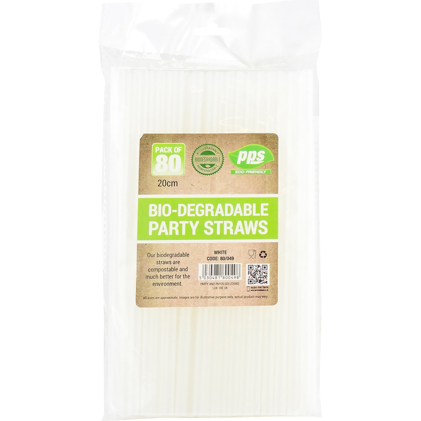 PPS WHITE BIODEGRADABLE COMPOSTABLE DRINKING PARTY STRAWS 80/PK. PPS80049 \\\KD30696