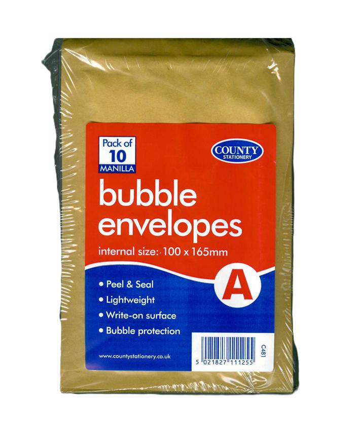 COUNTY GOLD BUBBLE ENVELOPES A 100MM X 165MM 10/PK. C481 \\\KD30728
