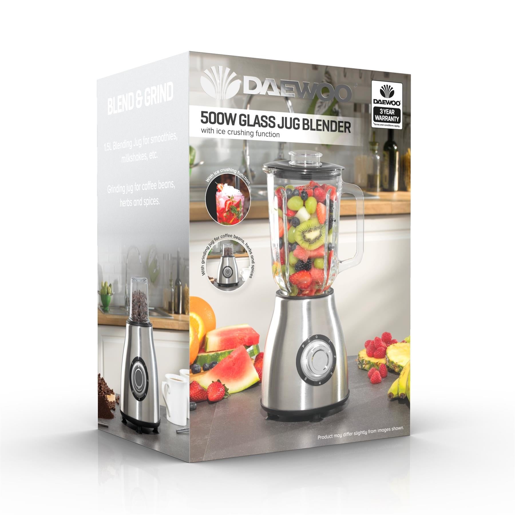 DAEWOO STAINLESS STEEL GLASS JUG BLENDER WITH GRINDER 1.5LTR 500W. SDA1561GE \\\KD30772