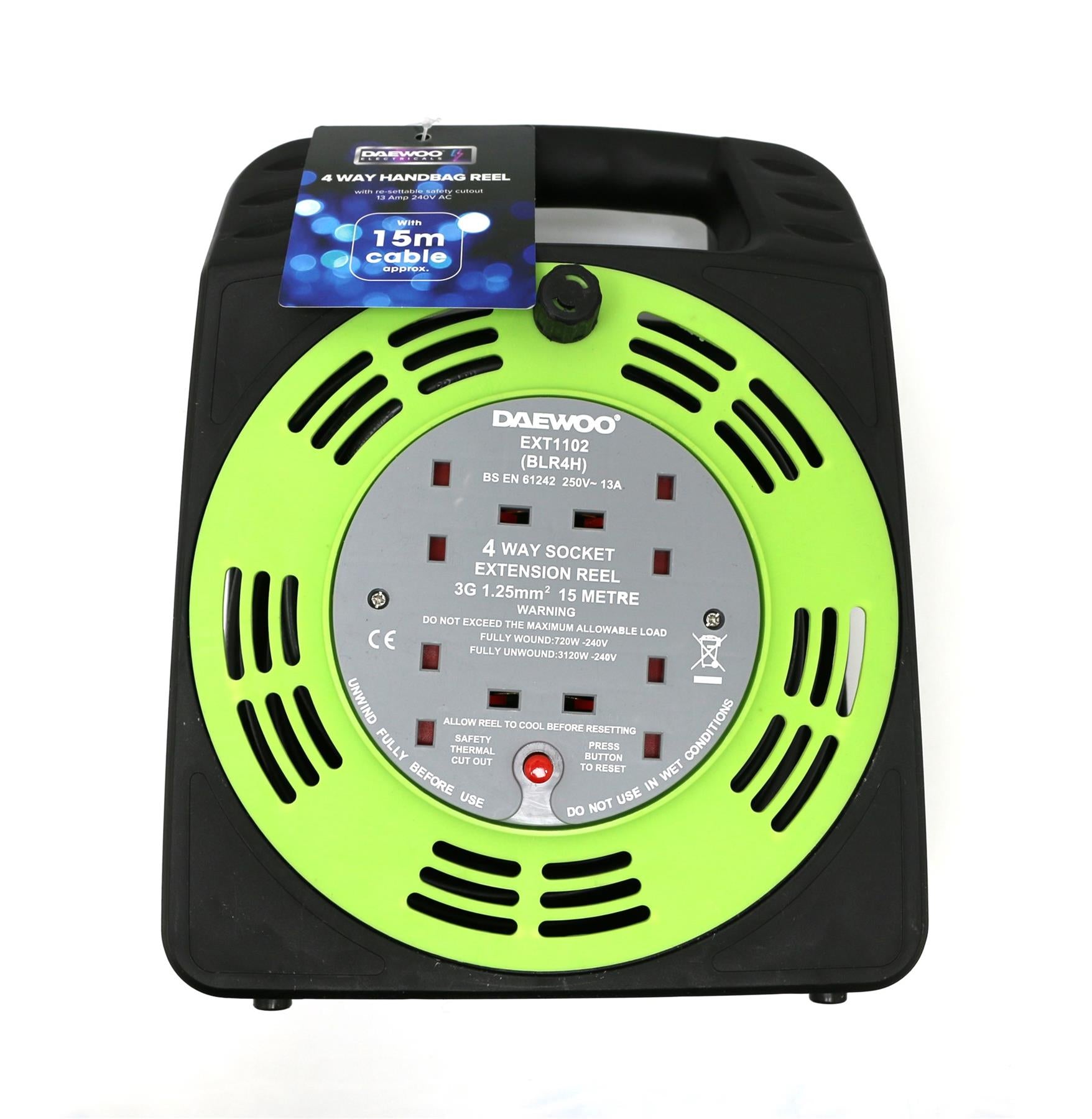 DAEWOO 4 GANG HANDBAG REEL EXTENSION LEAD 13AMP 15MTR. EXT1102GED \\\KD30779