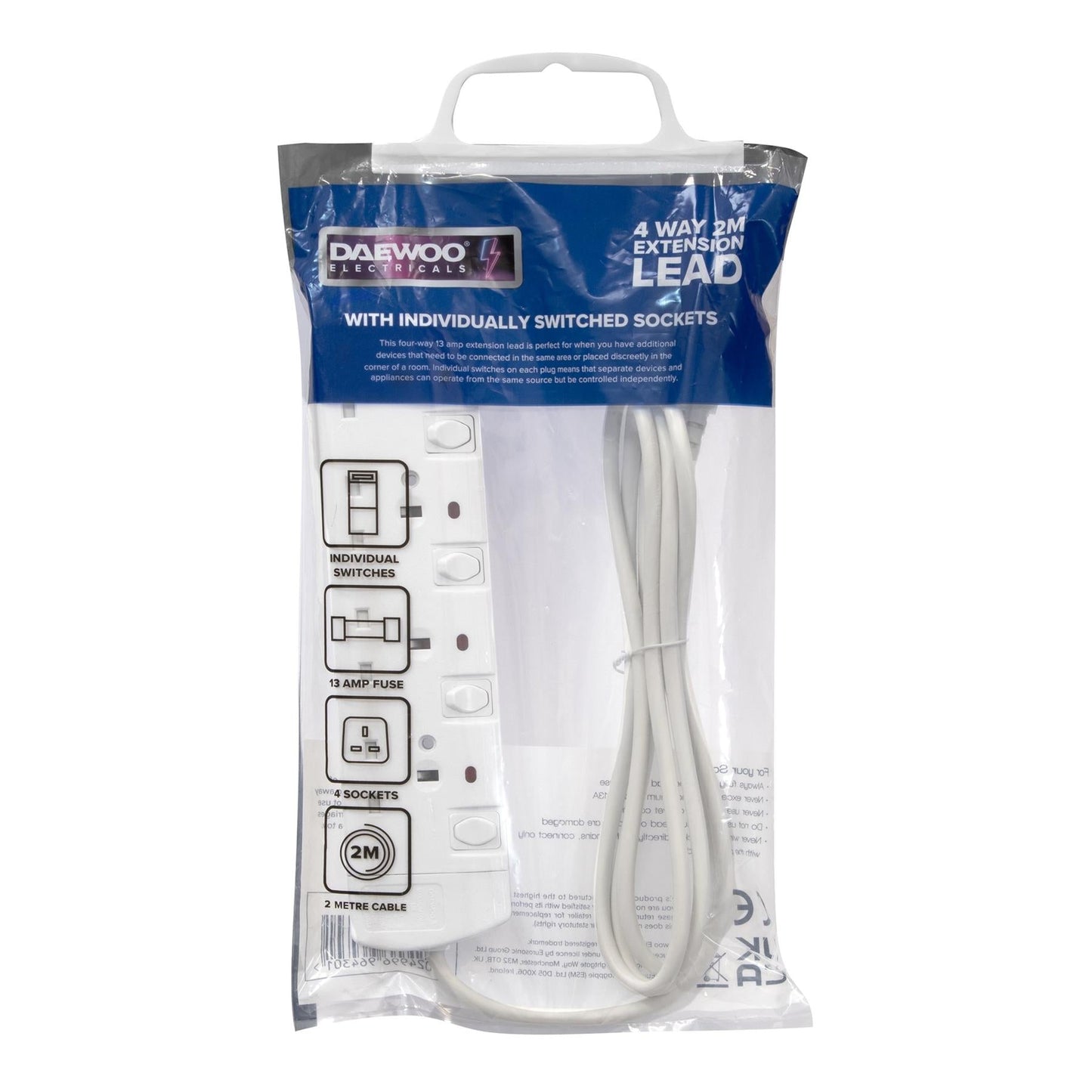 DAEWOO 4 GANG INDIVIDUAL SWITCHED EXTENSION LEAD 13AMP 2MTR. EXT1055GE \\\KD30782