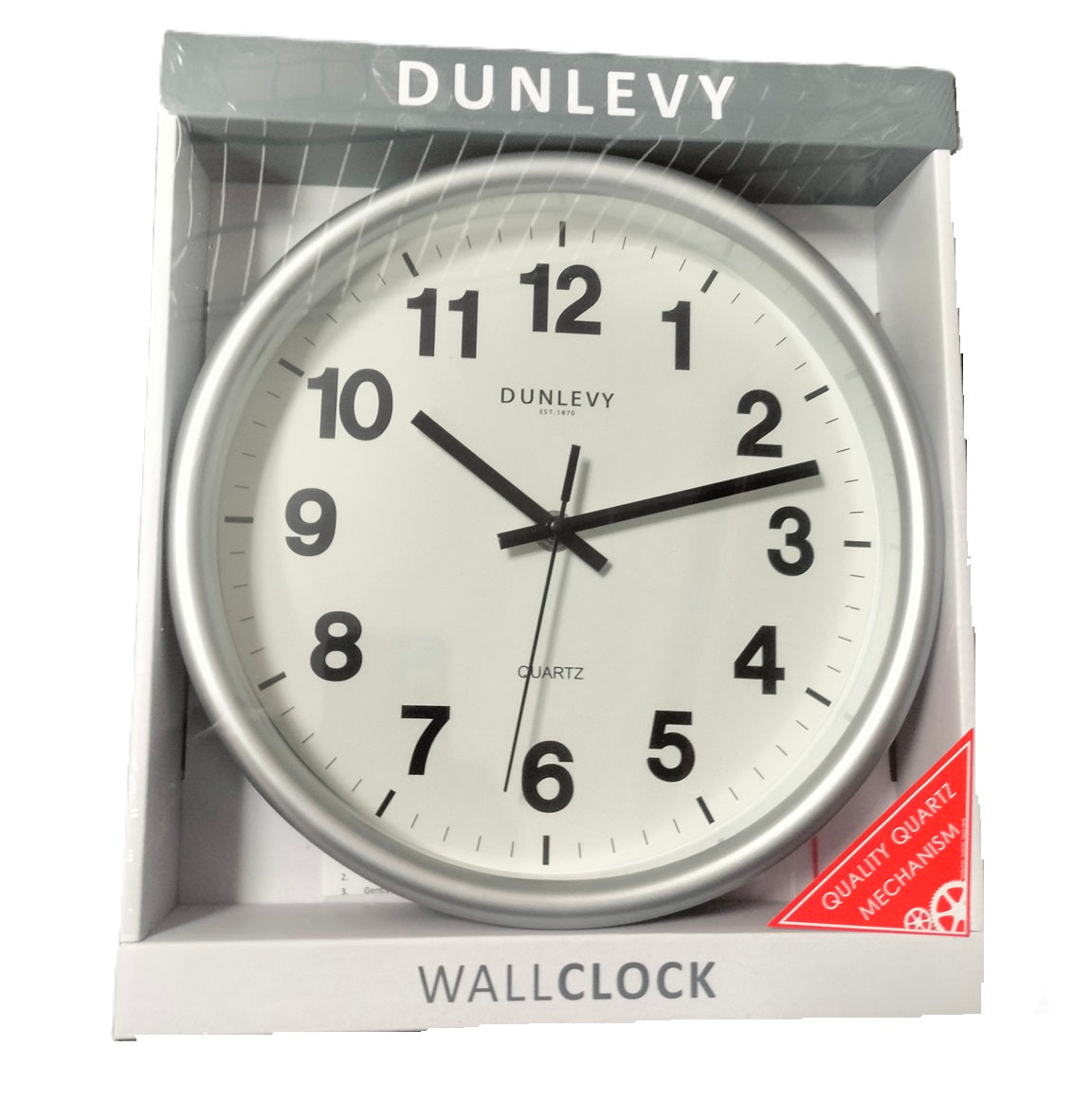 DUNLEVY PLASTIC ROUND WALL CLOCK 10" - SILVER. CL2000S \\\KD30789