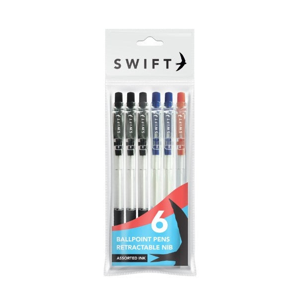 SWIFT MULTI COLOURED RETRACTABLE BALLPOINT PENS 6/PK. P3051 \\\KD30824