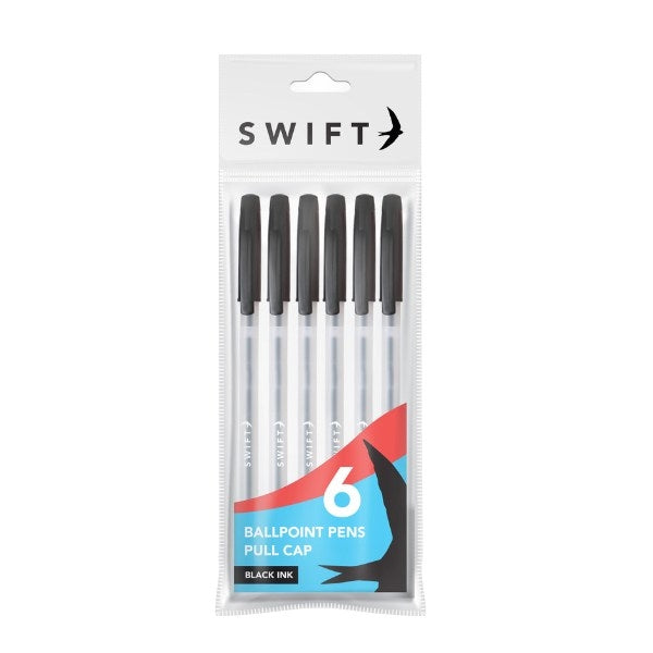 SWIFT PULL CAP BALLPOINT PENS 6/PK - BLACK. P3098 \\\KD30826
