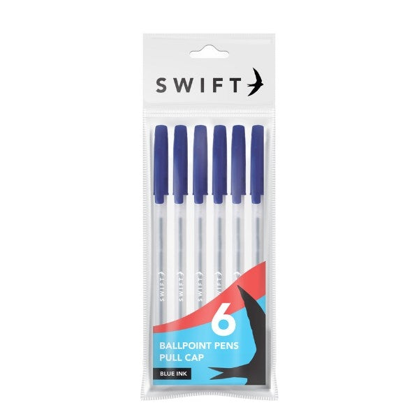 SWIFT PULL CAP BALLPOINT PENS 6/PK - BLUE. P3099 \\\KD30828