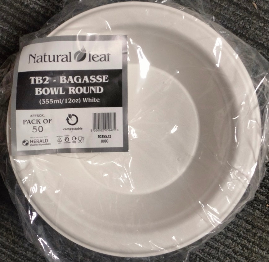 NATURAL LEAF BAGASSE BIODEGRADABLE 335ML / 12OZ BOWLS 50/PK. 10355.12 \\\KD30852