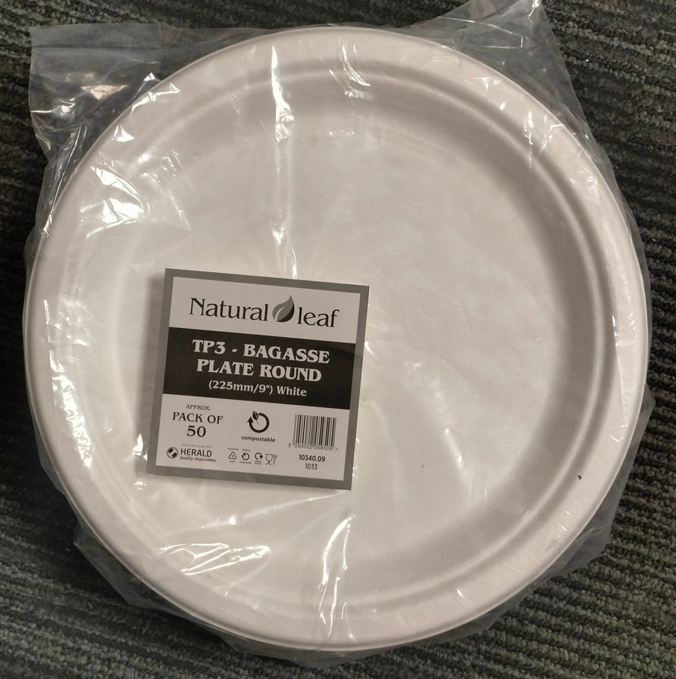 NATURAL LEAF BAGASSE BIODEGRADABLE PLATE 9" / 23CM 50/PK. 10340.09 \\\KD30857